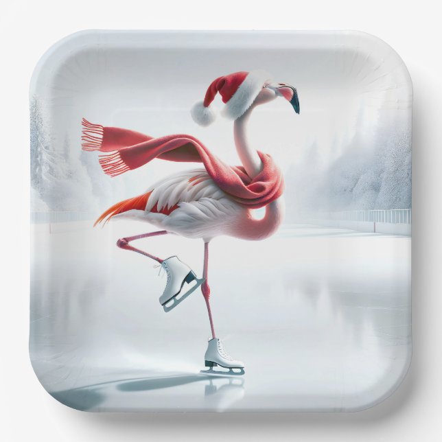 Assiettes En Carton Flamant rose de Noël Patinage sur glace (Recto)