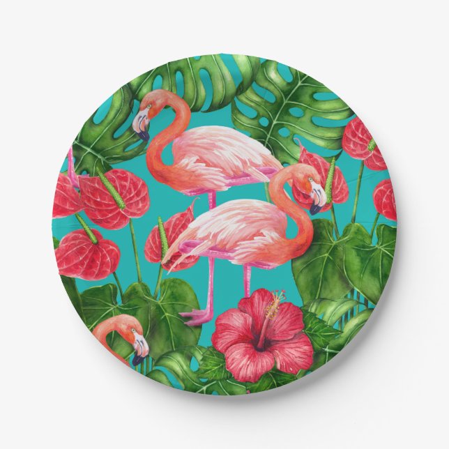 Assiettes En Carton Flamant rose et aquarelle du jardin tropical (Devant)