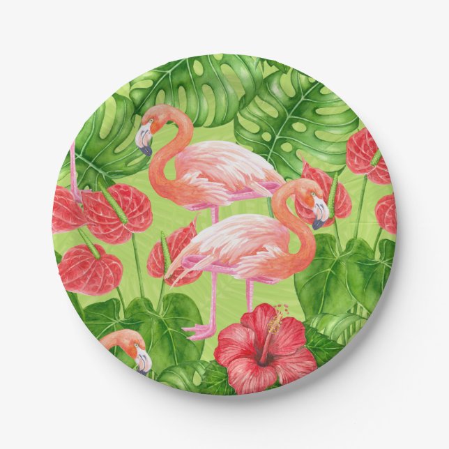 Assiettes En Carton Flamant rose et plantes tropicaux (Devant)