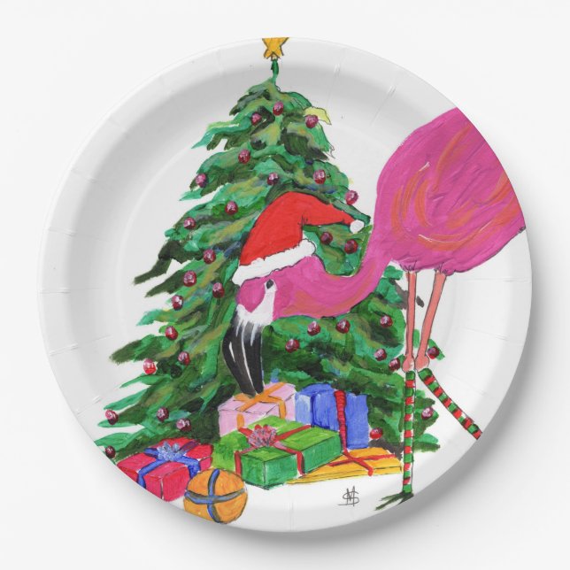 Assiettes En Carton Flamant rose et sapin de Noël (Devant)