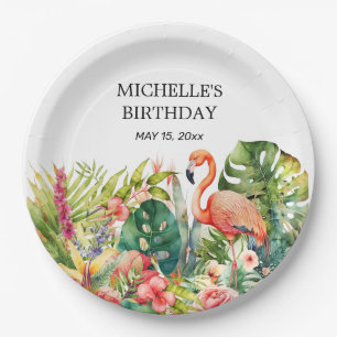 Assiettes En Carton Flamant rose floral tropical Joyeux Anniversaire N
