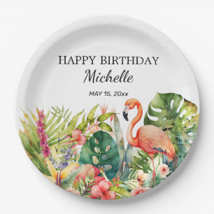 Assiettes En Carton Flamant rose floral tropical Joyeux Anniversaire N