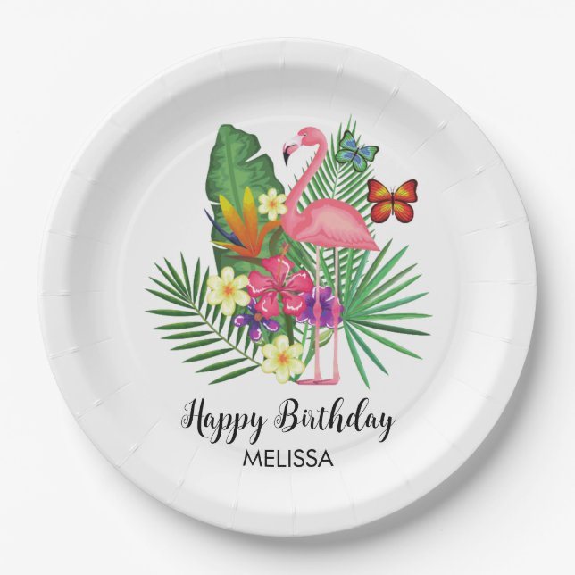 Assiettes En Carton Flamant rose floral tropical papillons Anniversair (Devant)