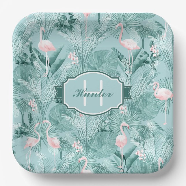 Assiettes En Carton Flamant rose Orchidée Tropical Motif Turquoise ID8 (Recto)