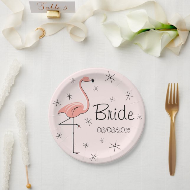 Assiettes En Carton Flamant rose Pink Bride et plaque papier Date (Mariage)