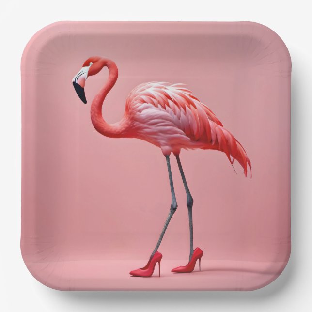 Assiettes En Carton Flamant rose portant des talons rouges hauts (Recto)
