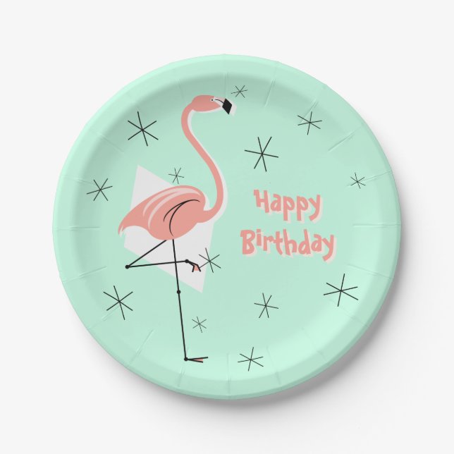 Assiettes En Carton Flamant rose Retro Green Joyeux Anniversaire plaqu (Devant)