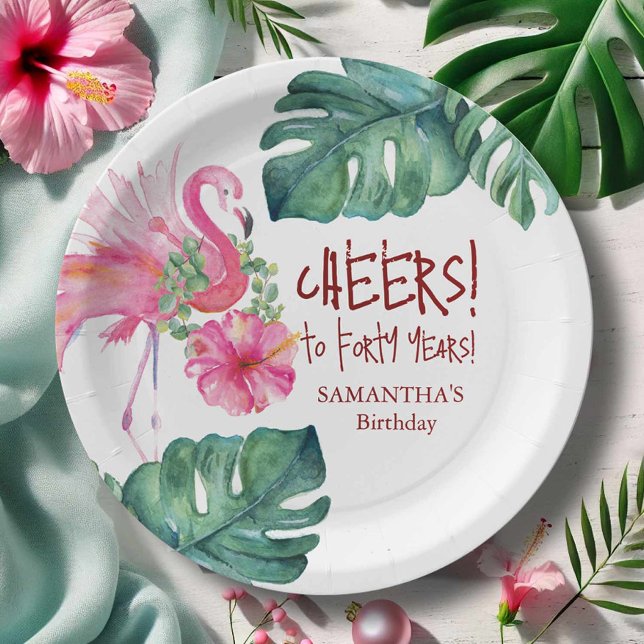 Assiettes En Carton Flamant rose rose d'anniversaire tropical (40th birthday party theme personalized paper plates watercolor art Victoria Grigaliunas)