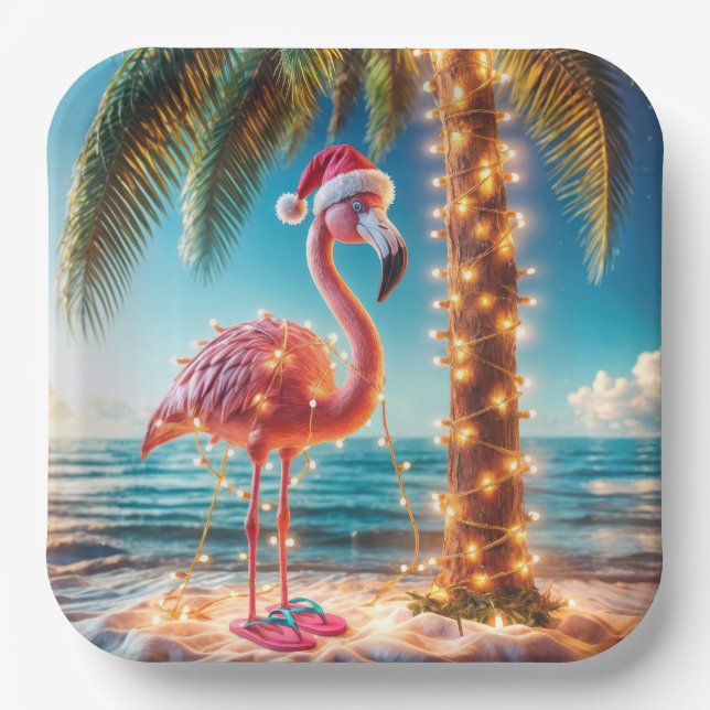 Assiettes En Carton Flamant rose Rose De Noël Aux Lumières Tangées (Recto)
