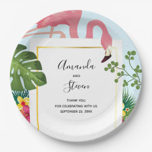 Assiettes En Carton Flamant rose rose élégant et Feuilles tropicaux