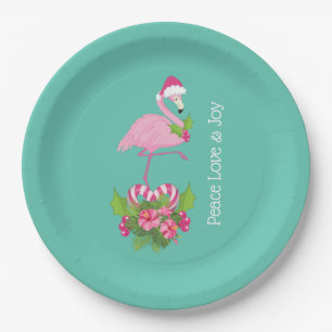 Assiettes En Carton Flamant rose rose en Santa Hat avec Sucre de canne