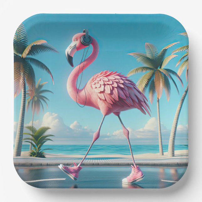 Assiettes En Carton Flamant rose rose portant Baskets et casques (Recto)
