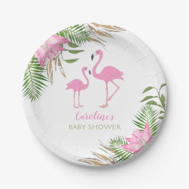 Assiettes En Carton Flamant rose tropical Aquarelle Baby shower floral (Devant)
