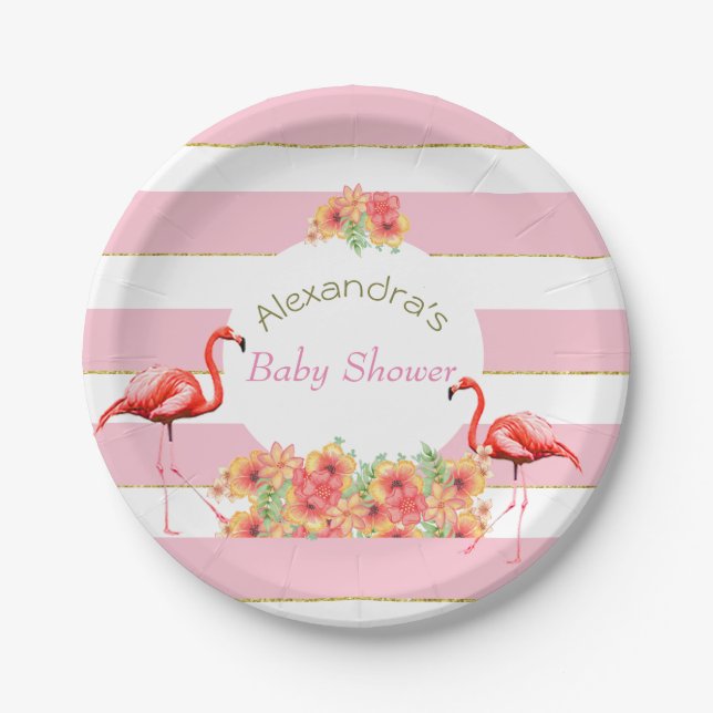 Assiettes En Carton Flamant rose tropical Baby shower en bande rose (Devant)