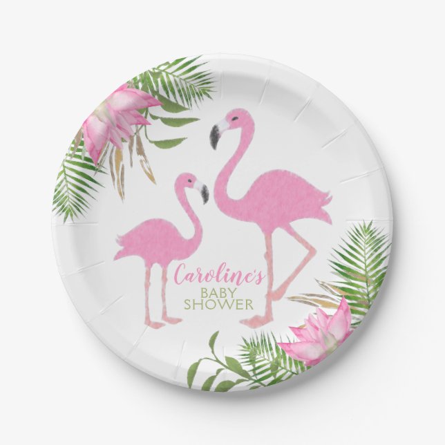 Assiettes En Carton Flamant rose tropical Baby shower floral (Devant)
