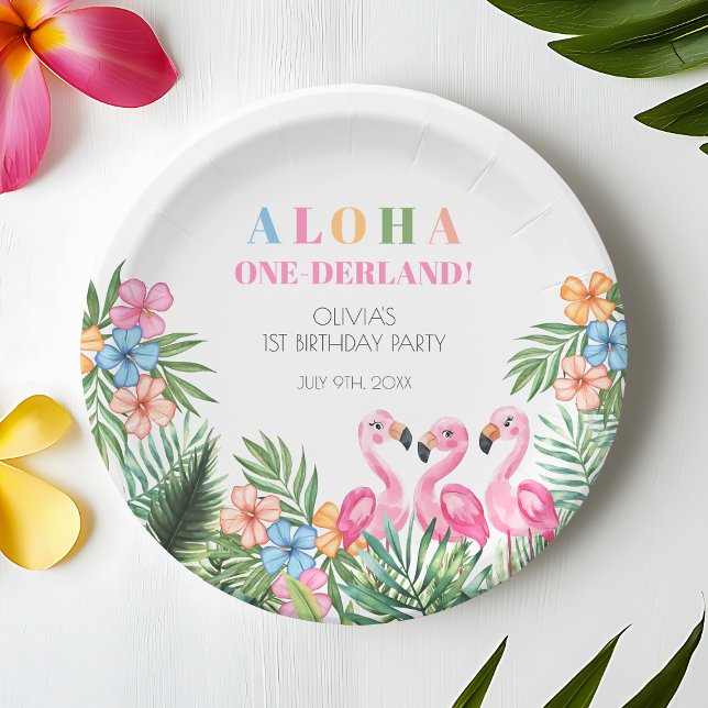 Assiettes En Carton Flamant rose tropical d'été Aloha 1er fête d'anniv (Summer Tropical Flamingo Aloha 1st Birthday Party Paper Plates)
