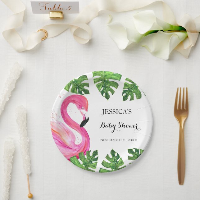 Assiettes En Carton Flamant rose Tropical Feuille Baby shower Party (Mariage)