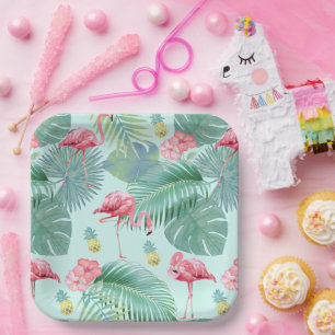 Assiettes En Carton Flamant rose tropical, Palmiers, Ananas Motif ID92