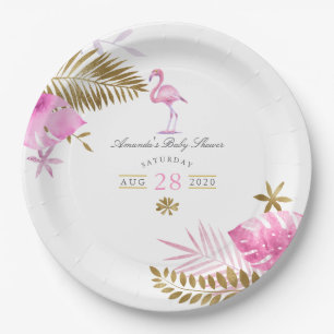 Assiettes En Carton Flamant rose Tropical rose et or Baby shower fille