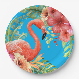 Assiettes En Carton Flamants roses d'aquarelle tropicale et Hibiscus