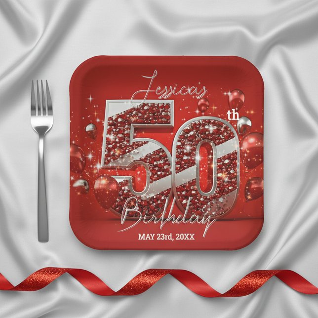 Assiettes En Carton Flambant rouge et argent 50e anniversaire (Créateur téléchargé)
