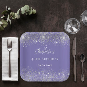 Assiettes En Carton Flambeaux de parties scintillant d'argent violet d