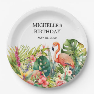 Assiettes En Carton Flamingo Fleur Tropicale Joyeux Anniversaire Nom