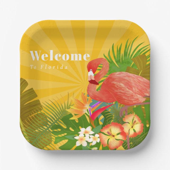 Assiettes En Carton Flamingo Florida Welcome Yellow Orange (Recto)