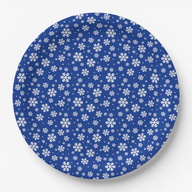 Assiettes En Carton Flammes de neige blanches sur Motif d'hiver bleu f (Devant)