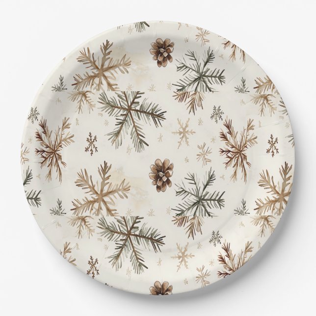 Assiettes En Carton Flammes de neige et cônes de pin rustiques (Devant)