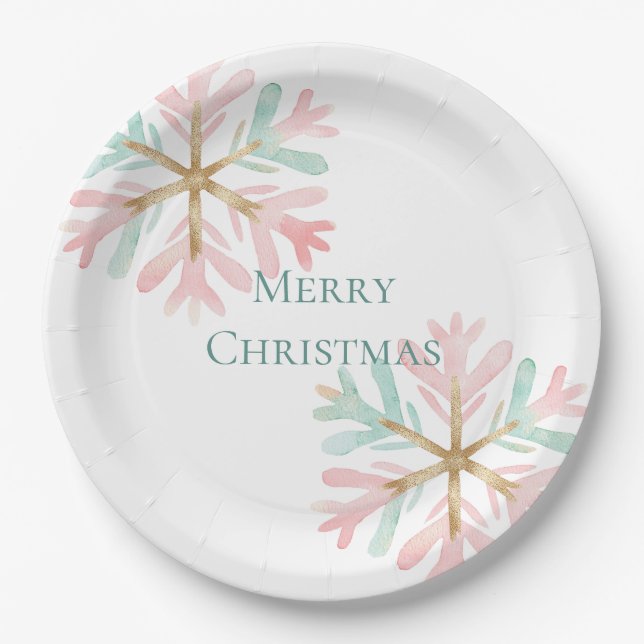 Assiettes En Carton Flammes de neige rose de Noël sur blanc (Devant)
