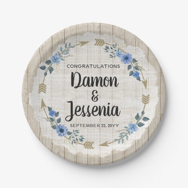 Assiettes En Carton Flèches en bois rustique et Mariage floral bleu (Devant)