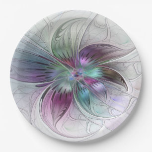 Assiettes En Carton Fleur Abstraite colorée Art moderne floral fractal
