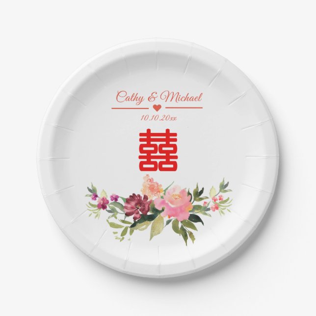 Assiettes En Carton Fleur aquarelle double bonheur mariage chinois (Devant)