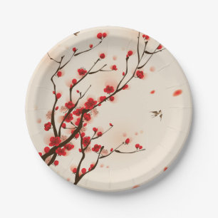 Assiettes En Carton Fleur asiatique de prune de peinture de style au