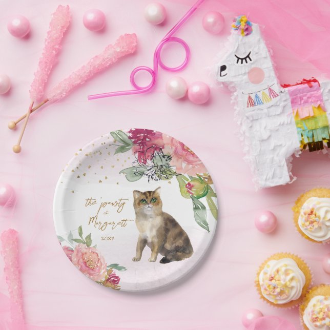 Assiettes En Carton Fleur d'aquarelle chatte fille fête d'anniversaire (Fête)