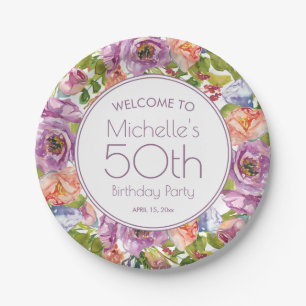 Assiettes En Carton Fleur d'aquarelle orange violet 50e anniversaire