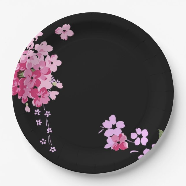 Assiettes En Carton Fleur de cerise rose et noire (Devant)