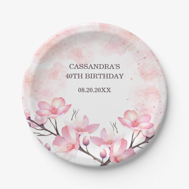 Assiettes En Carton Fleur de cerisier moderne Pink Splash Anniversaire (Devant)