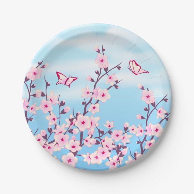 Assiettes En Carton Fleur de cerisier rose bleu (Devant)