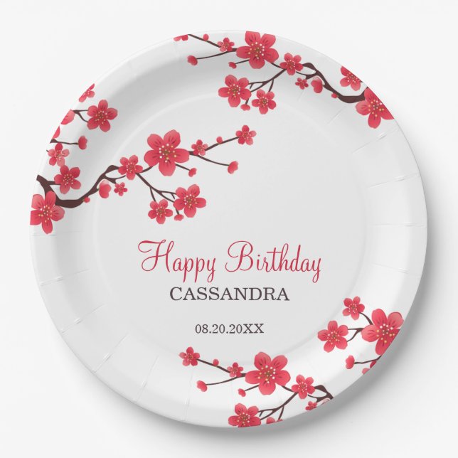 Assiettes En Carton Fleur de cerisier rouge Sakura Fleur anniversaire (Devant)