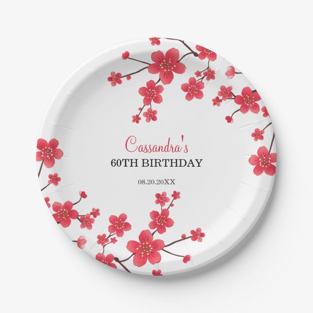 Assiettes En Carton Fleur de cerisier rouge Sakura Rustique Floral Ann (Devant)