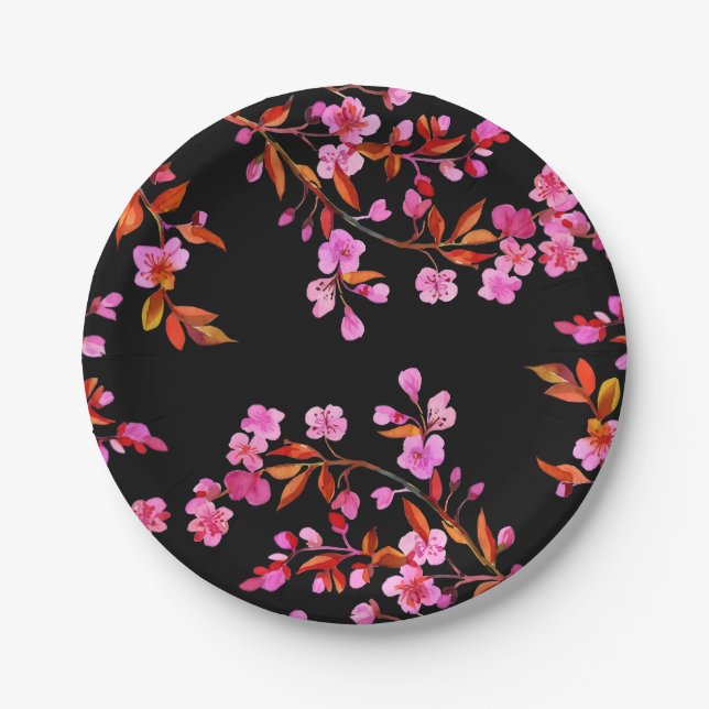 Assiettes En Carton Fleur de cerisier Sakura Floral rose noir (Devant)