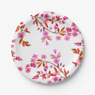 Assiettes En Carton Fleur de cerisier Sakura rose floral blanc