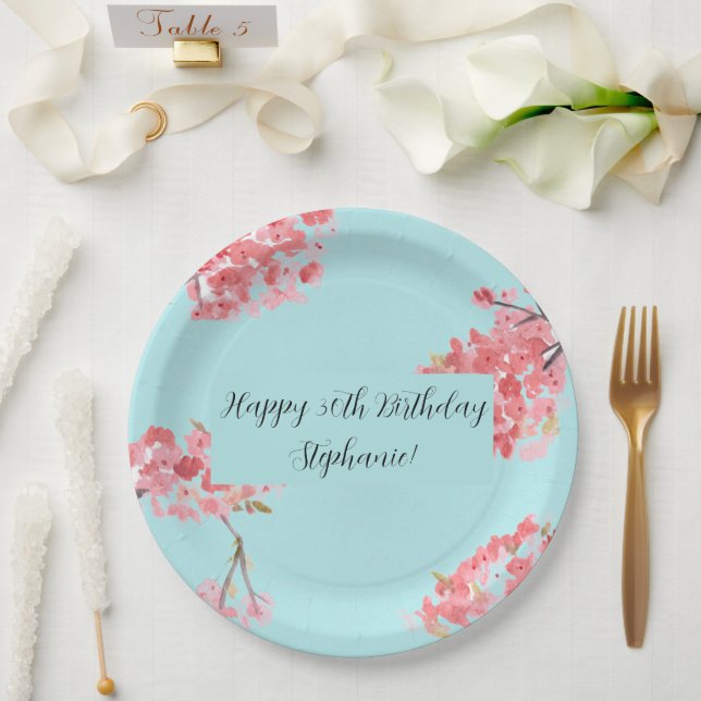 Assiettes En Carton Fleur de cerisier Sakura rose Turquoise Anniversai (Mariage)