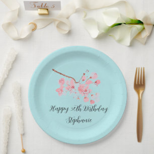 Assiettes En Carton Fleur de cerisier Sakura Rose Turquoise Anniversai