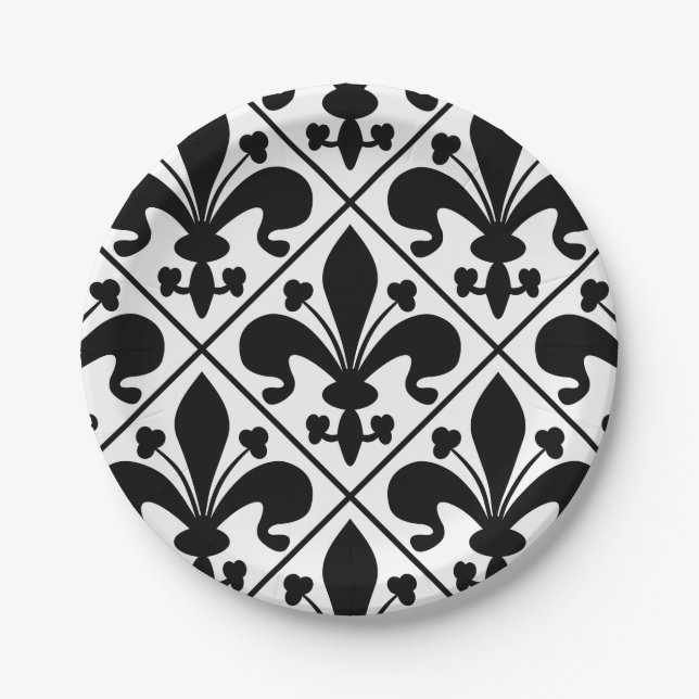 Assiettes En Carton Fleur de Lis noir et blanc chic (Devant)