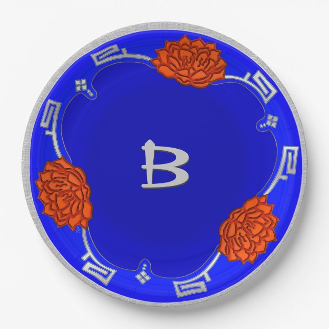 Assiettes En Carton Fleur de lotus monogramme - Bleu, Rouge, Argent (Devant)