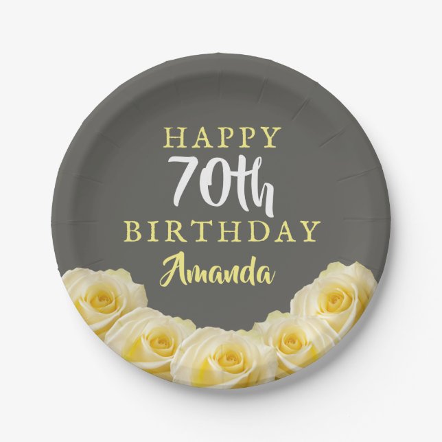 Assiettes En Carton Fleur de rose jaune 70e anniversaire  (Devant)