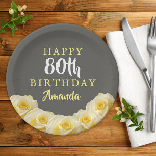 Assiettes En Carton Fleur de rose jaune 80e anniversaire